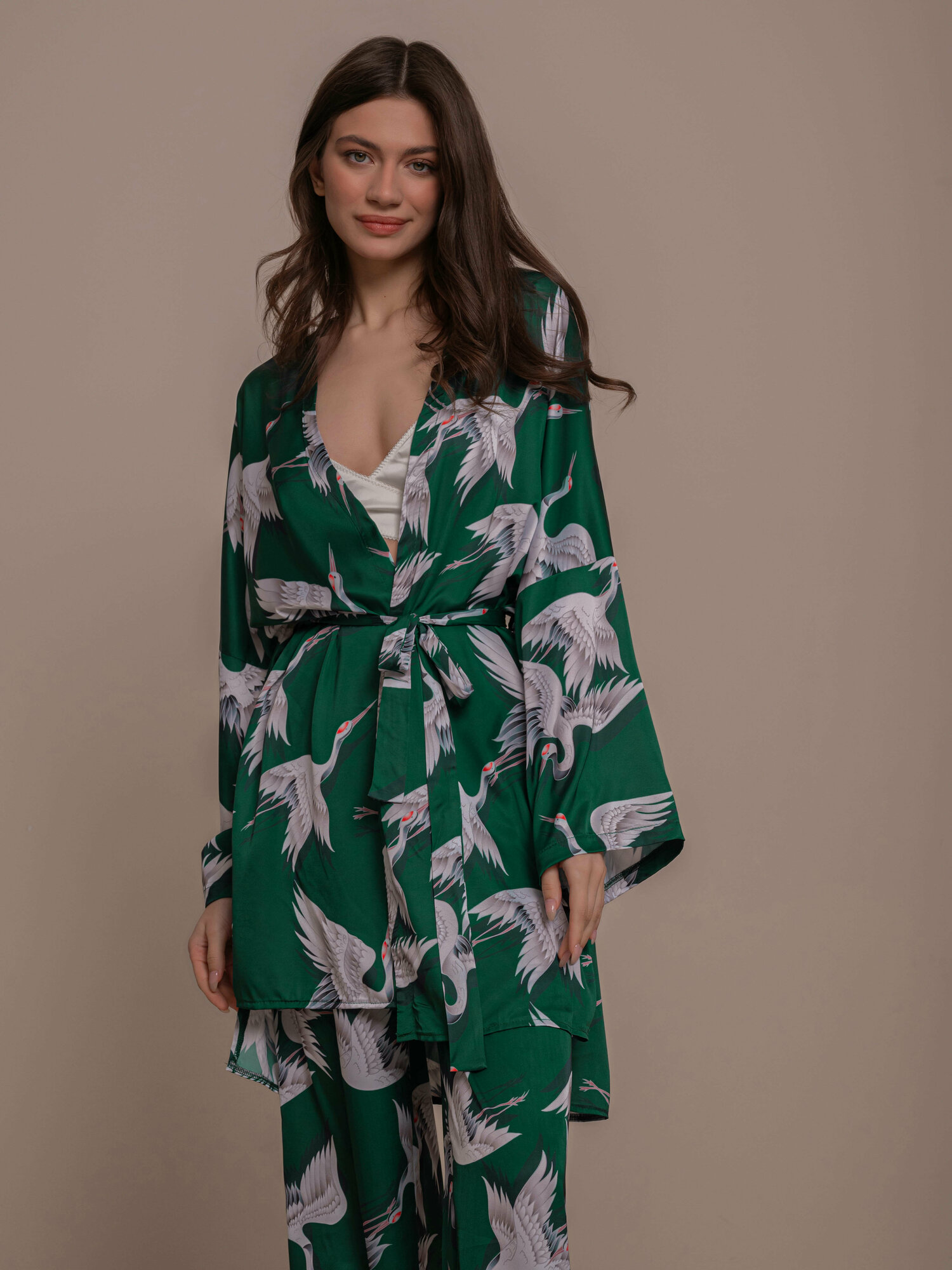 Домашний костюм-кимоно из шёлка армани в цвете GREEN (S) - фотография № 1