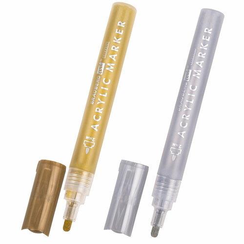 Упаковка 3 шт. Маркеры акриловые для рисования и хобби BRAUBERG ART CLASSIC, набор 2 цв, золото/серебро, 2 мм, 152149