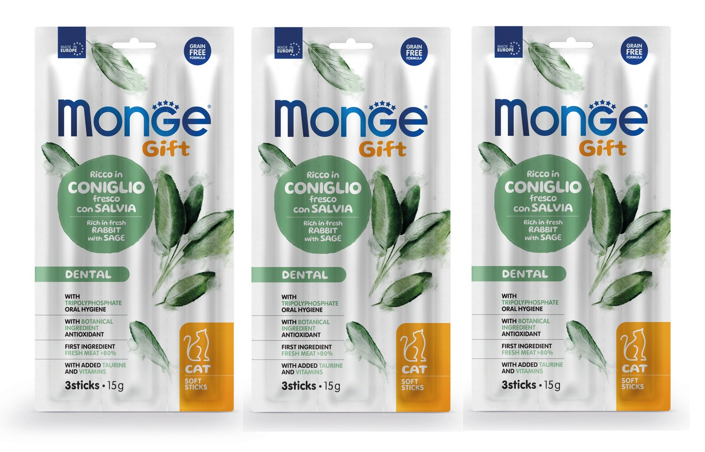 фото Лакомство для кошек MONGE Gift Dental Мягкие палочки для чистки зубов, свеж. мясо кролика и шалфей 15г 3 блистера