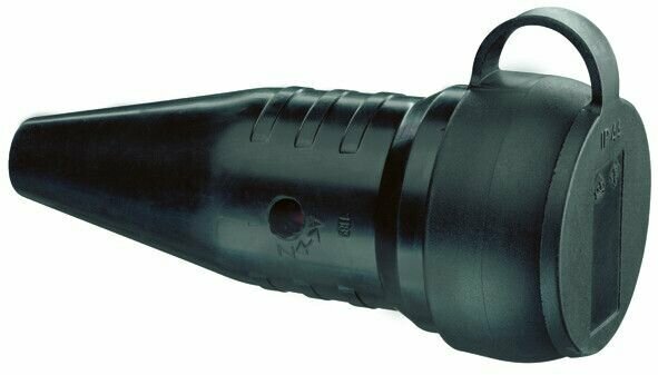 фото Розетка на кабель 2P+Е резиновая с защ. крышкой с фикс. для быстр. подкл 16А IP44 черная ABL