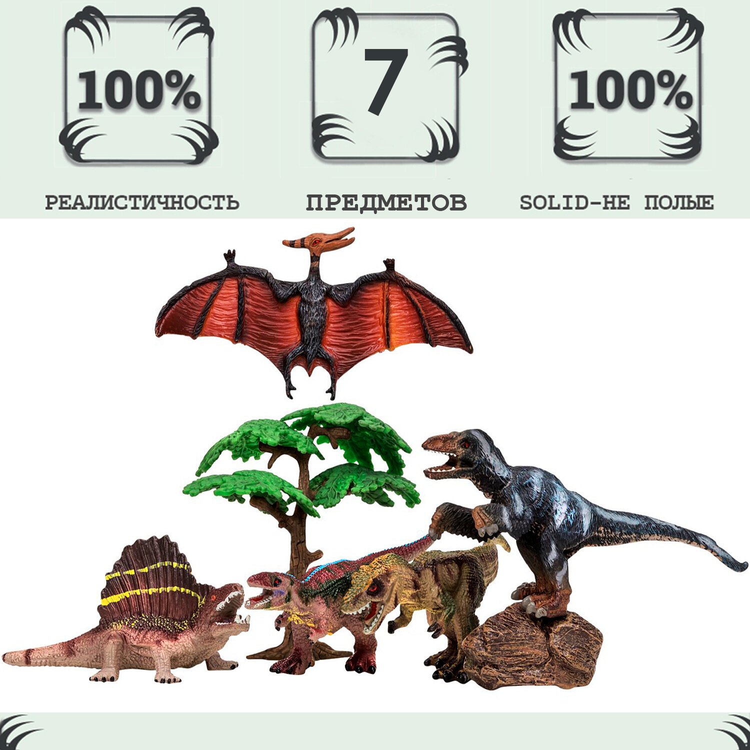 Динозавры и драконы для детей серии "Мир динозавров": птеродактили, диметродон, тираннозавр, троодон, велоцираптор (набор фигурок из 7 предметов)