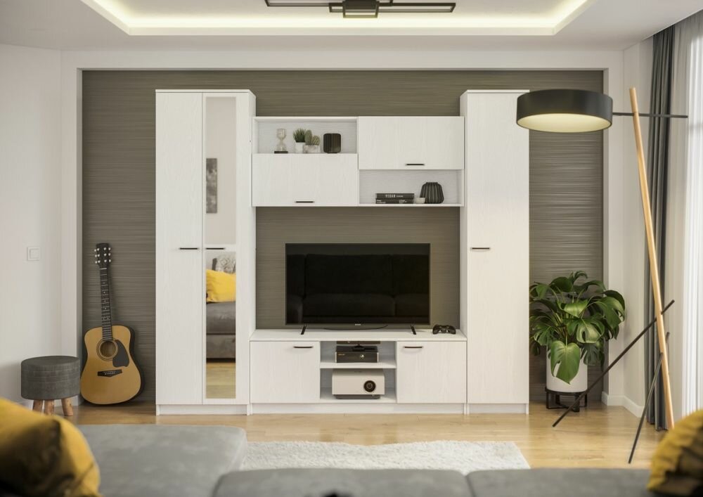 фото Гостиная Герда Белое дерево, ЛДСП, со штангой, зеркалом, открытыми и закрытыми полками, нишей под ТВ, 2400х2100х450, интерьер-центр