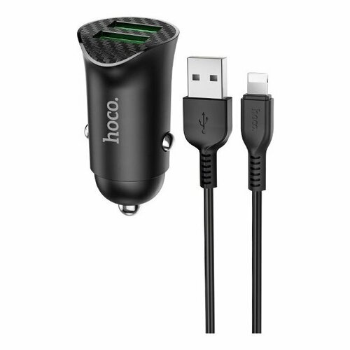 Автомобильное зарядное устройство (АЗУ) Hoco Z39 QC 3.0 (2 USB) + кабель Lightning, 3 А, черный автомобильное зарядное устройство азу hoco z27 2 usb кабель lightning 2 4 а