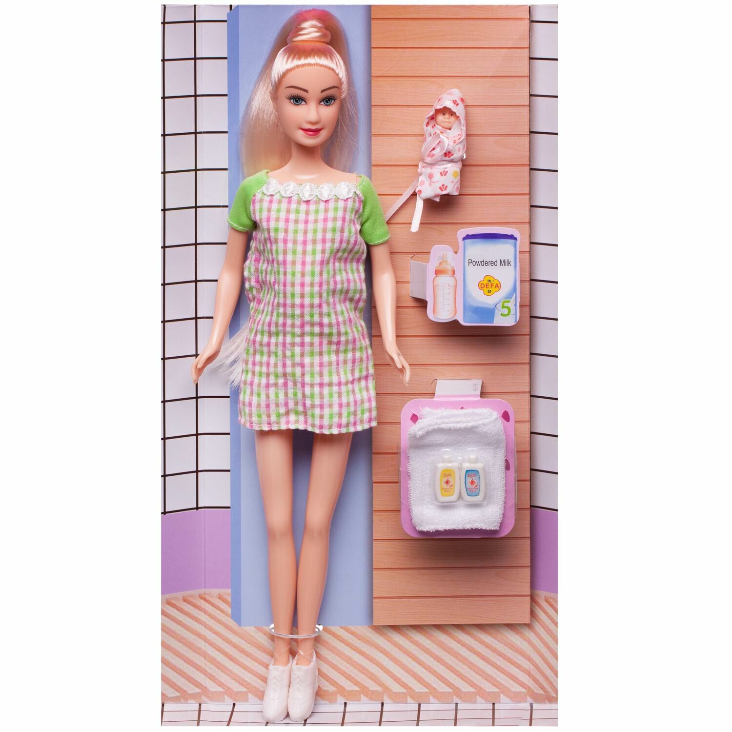 Игровой набор Кукла Defa Lucy Молодая мама в платье в клетку с зелеными рукавами, малыш и игровые предметы, 29 см