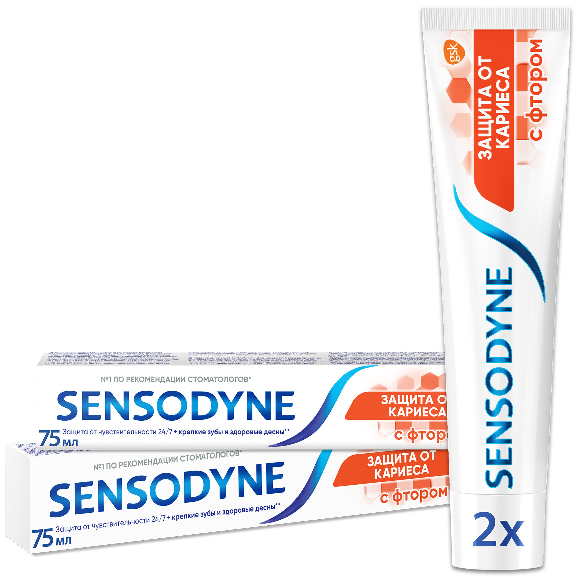 Зубная паста Sensodyne С Фтором защита от кариеса для чувствительных зубов, для снижения чувствительности зубов, удаления зубного налёта, 75 мл*2шт