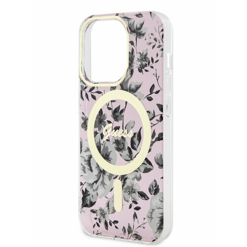 Guess для iPhone 14 Pro чехол MagSafe PC/TPU Flower Hard Pink/Gold