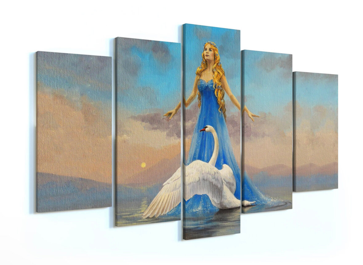 Модульная картина «Девушка и лебедь» 140х80 / Модульные картины на стену / Интерьерные картины