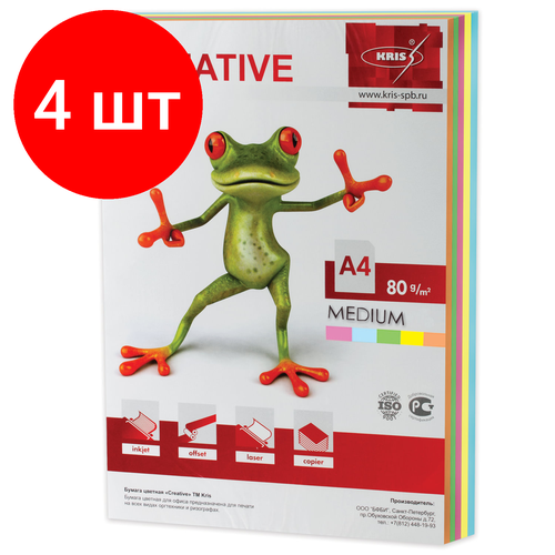 Комплект 4 шт, Бумага цветная CREATIVE color, А4, 80 г/м2, 250 л, (5 цветов х 50 л.), микс медиум, БОpr-250r