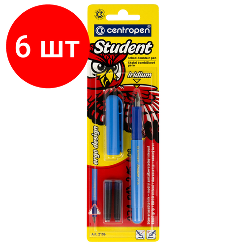 Комплект 6 шт, Ручка перьевая CENTROPEN Student, корпус ассорти, иридиевое перо, 2 сменных картриджа, блистер, 2156, 1 2156 0101