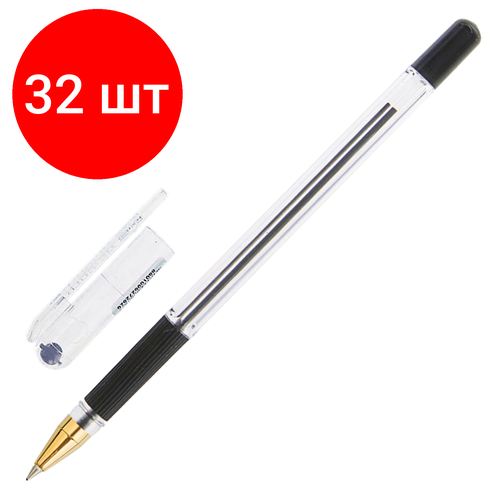 Комплект 32 шт, Ручка шариковая масляная с грипом MUNHWA MC Gold, черная, корпус прозрачный, узел 0.5 мм, линия письма 0.3 мм, BMC-01