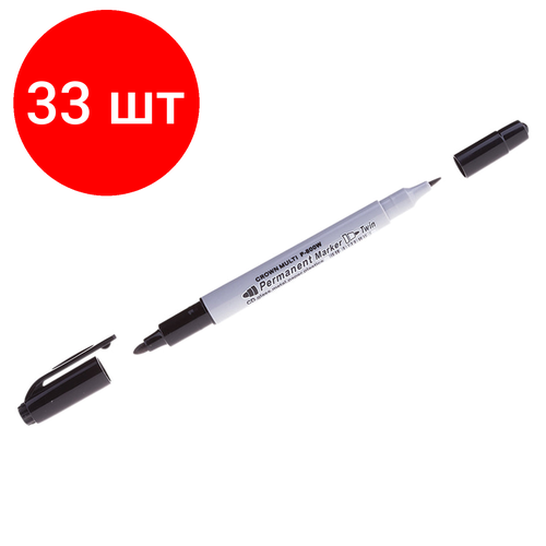 Комплект 33 шт, Маркер перманентный CROWN двусторонний Multi Marker Twin, черный, скошенный наконечник, 2 мм/1 мм, P-800W перманентный маркер crown multi marker twin p 800w двухсторонний пулевидный наконечник 2 1 мм зеленый 117932