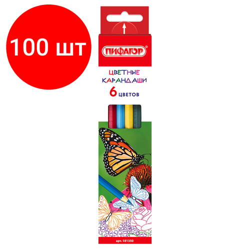Комплект 100 шт, Карандаши цветные пифагор бабочки, 6 цветов, классические заточенные, 181350