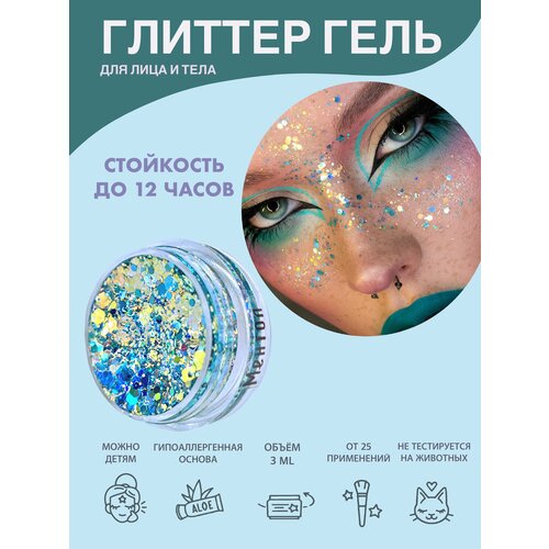 Queridos Glitters ГлиттерГель. Блёстки для лица и тела. Цвет "Ментол" 3 мл. синий, ментол, светлый, розовый, голубой