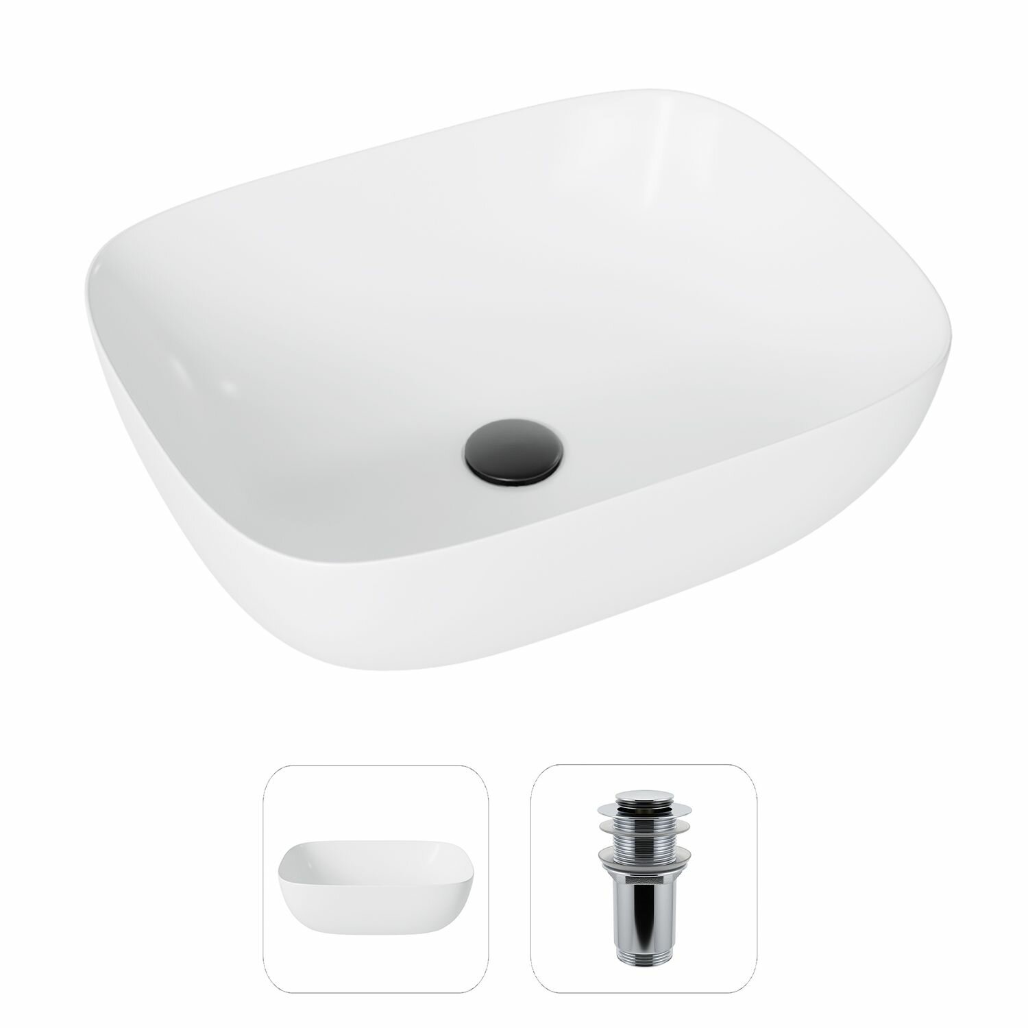 Накладная раковина в ванную Helmken 49349001 комплект 3 в 1: умывальник прямоугольный 495 см сифон и донный клапан click-clack в цвете черный