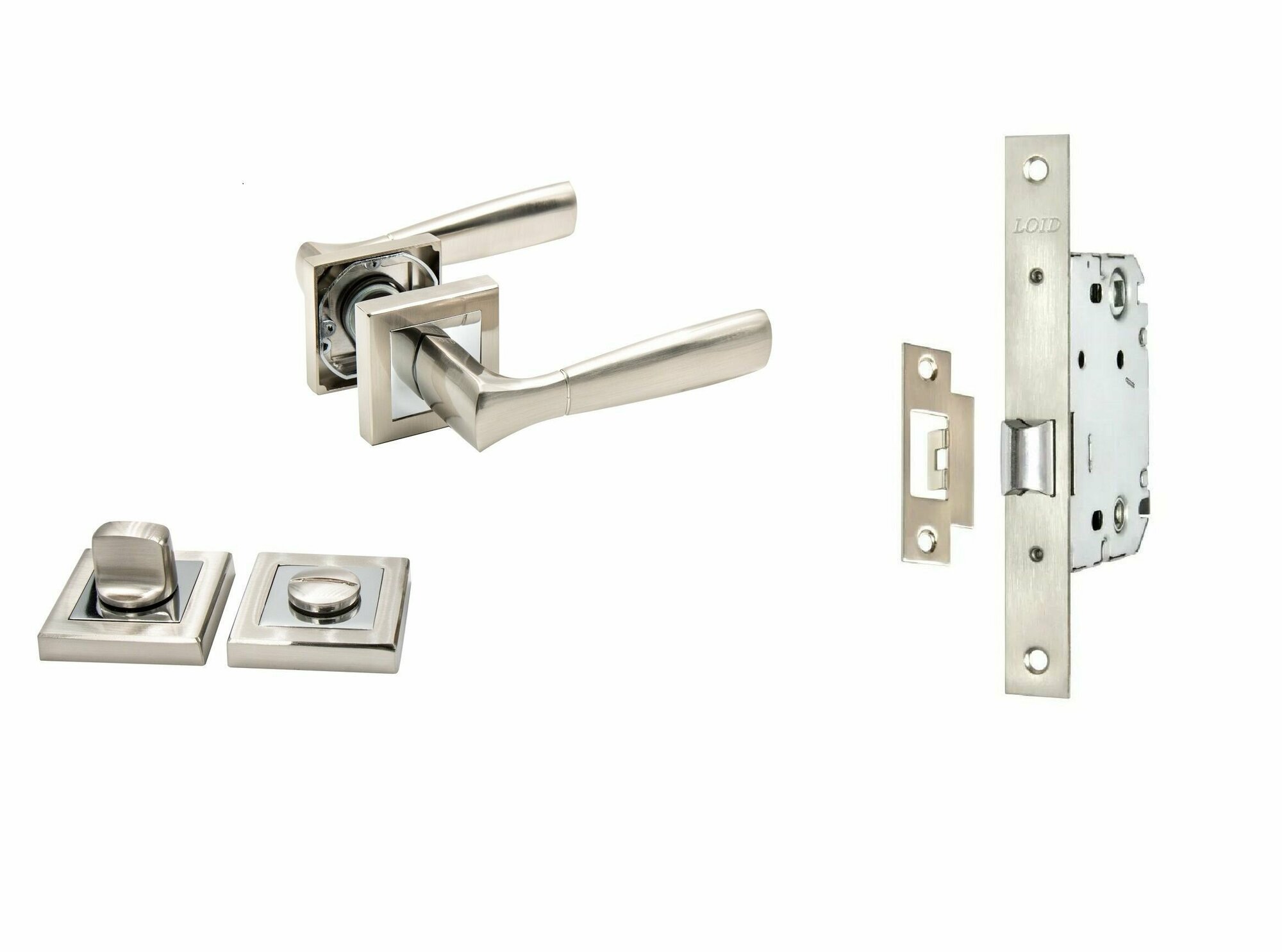 Ручка дверная межкомнатная Loid 470 SN + замок M-2055 B SN + завертка квадратная SN/CP серебристый, матовый хром, никель — фото 1