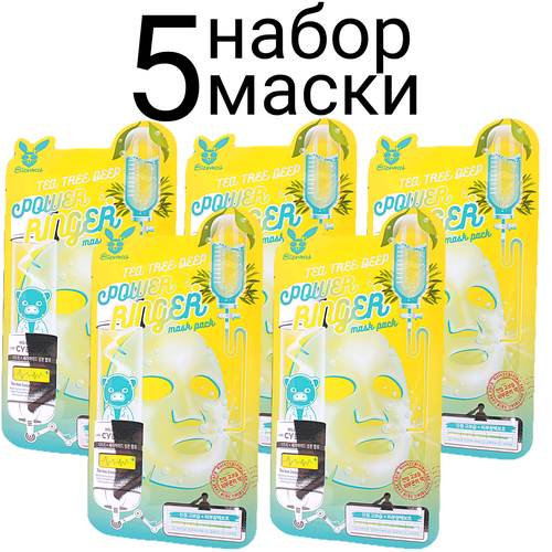 Elizavecca Power Ringer Mask Pack Tea Tree Deep Успокаивающая тканевая маска с чайным деревом набор 5шт elizavecca маска на тканевой основе tea tree deep power ringer mask pack 6 шт