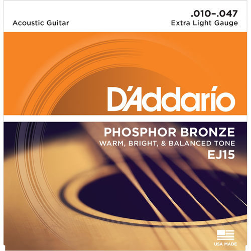 D'ADDARIO EJ15 - струны для акустической гитары, с обмоткой из фосфорной бронзы, Extra Light 10-47 струны для акустической гитары daddario ej15 3d