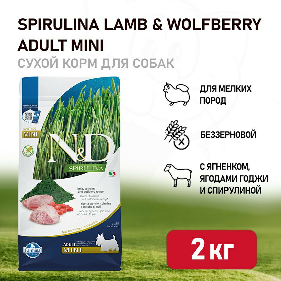 Farmina N&D Dog Spirulina Lamb & Wolfberry Adult Mini сухой корм для взрослых собак мелких пород с ягненком и ягодами годжи - 2 кг