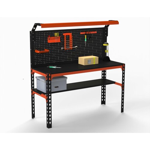 Стол металлический Metalex серия SUN 750х1200х600 (одна полка + перфопанель с комплектом освещения) оранжево-чёрный