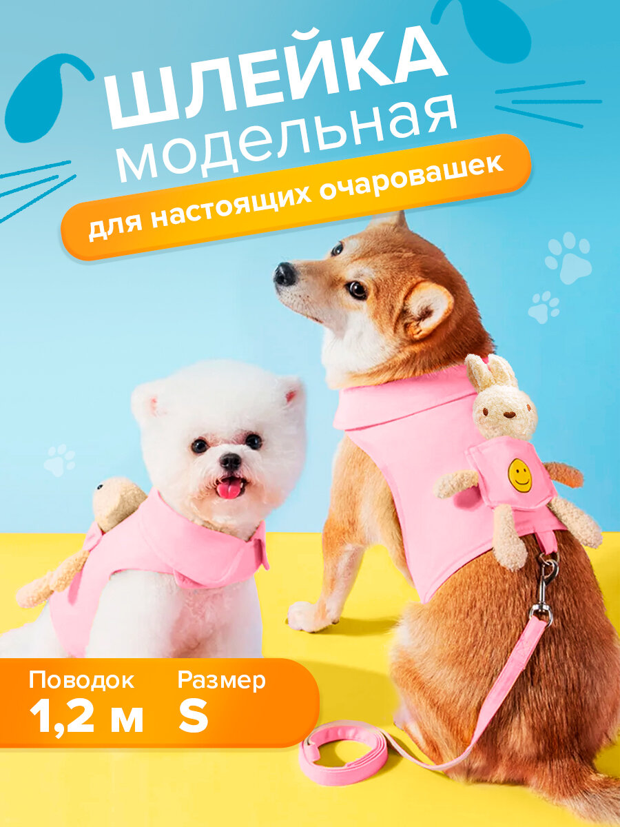 Шлейка для собак и кошек мелких пород с поводком Мишка Conflate ZOO розовая S