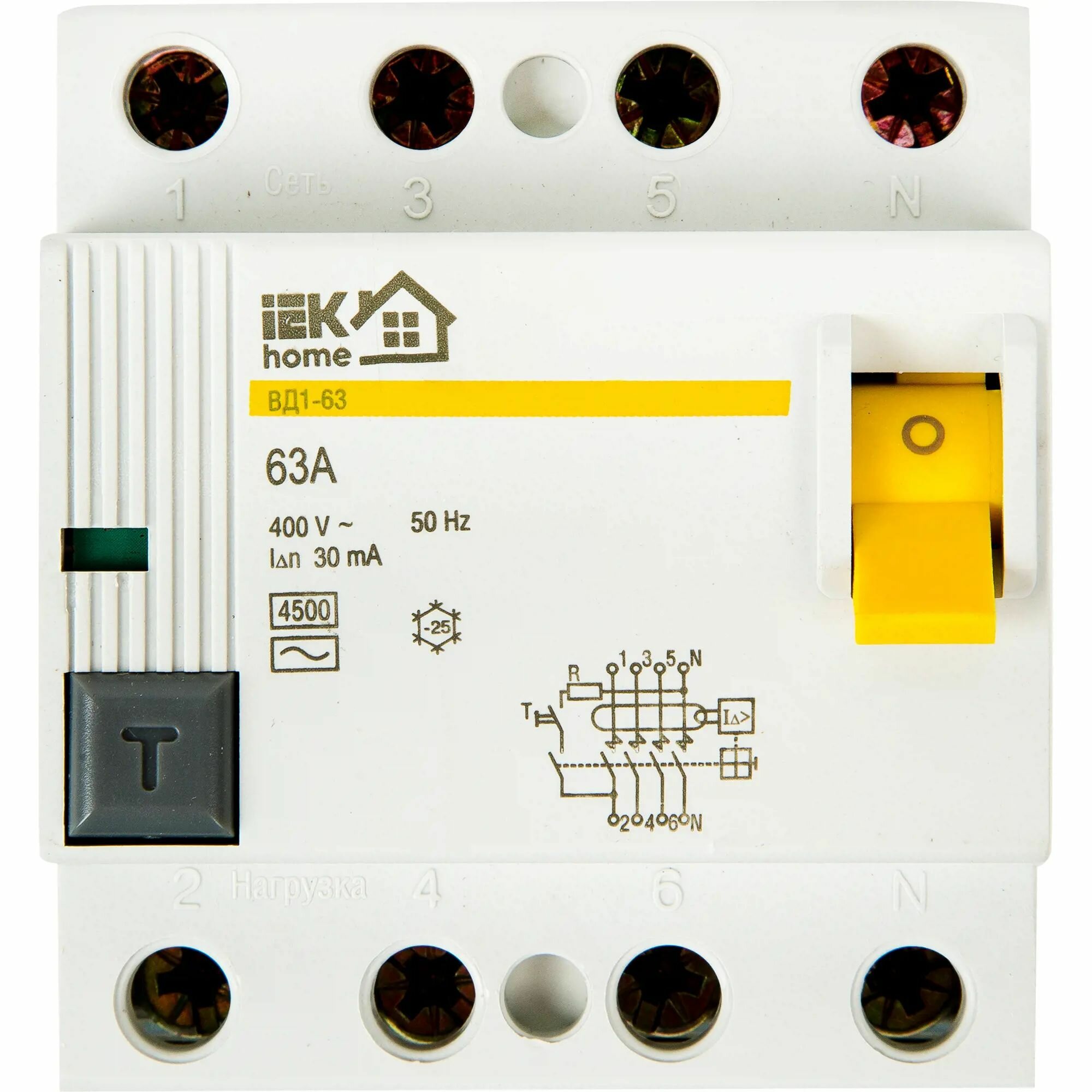 УЗО Iek Home ВД1-63 3P N 63 A 30 мА 4.5 кА AC MDV10-4-063-030