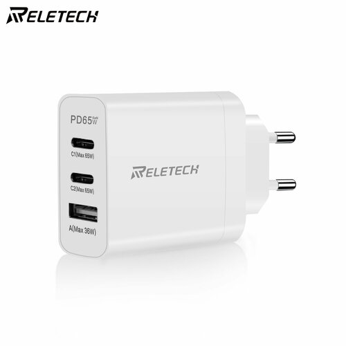 Reletech 65W USB C GaNIII Быстрое зарядное устройство, PPS 3 порта, компактный складной, USB-A + 2 * USB-С ЕС Быстрое зарядное устройство, белый