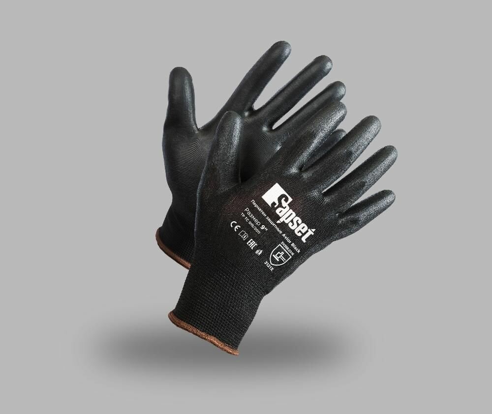 Перчатки рабочие с покрытием из полиуретана Sapset Avior Black размер S/7 - 10 пар