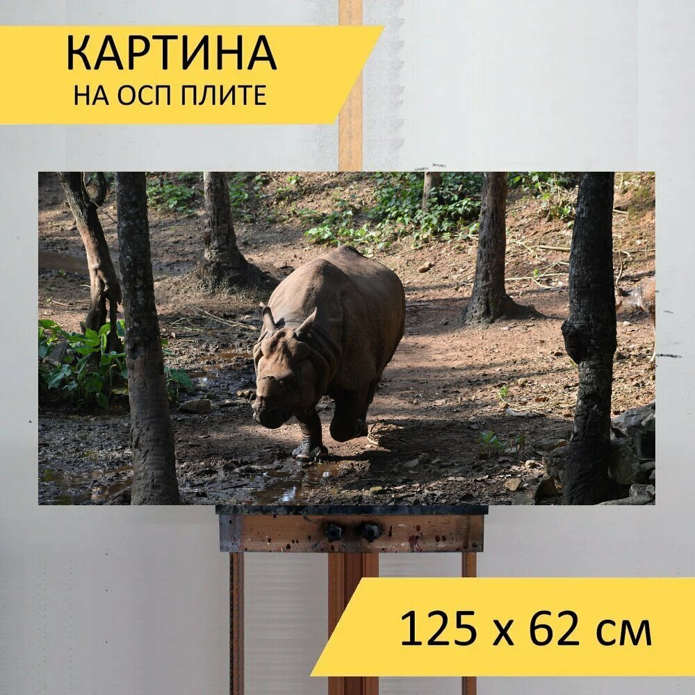 Картина на ОСП 125х62 см. "Дикая природа, носорог, животное" горизонтальная, для интерьера, с креплениями