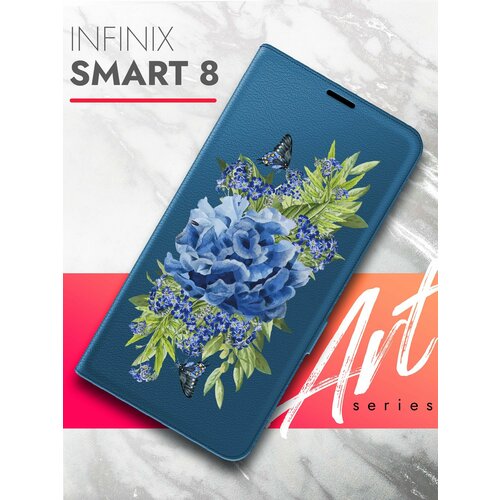 Чехол на Infinix Smart 8 (Инфиникс Смарт 8) синий книжка эко-кожа с функцией подставки и магнитами Book Case, Brozo (принт) Синий Колокольчик чехол на infinix smart 8 plus инфиникс смарт 8 плюс синий книжка эко кожа с функцией подставки магнитами book case brozo принт синий колокольчик