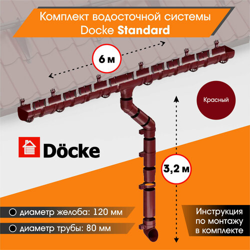 Комплект водосточной системы Docke Standard для ската 6м, Красный комплект водосточной системы docke standard для ската 6м зеленый ral 6005