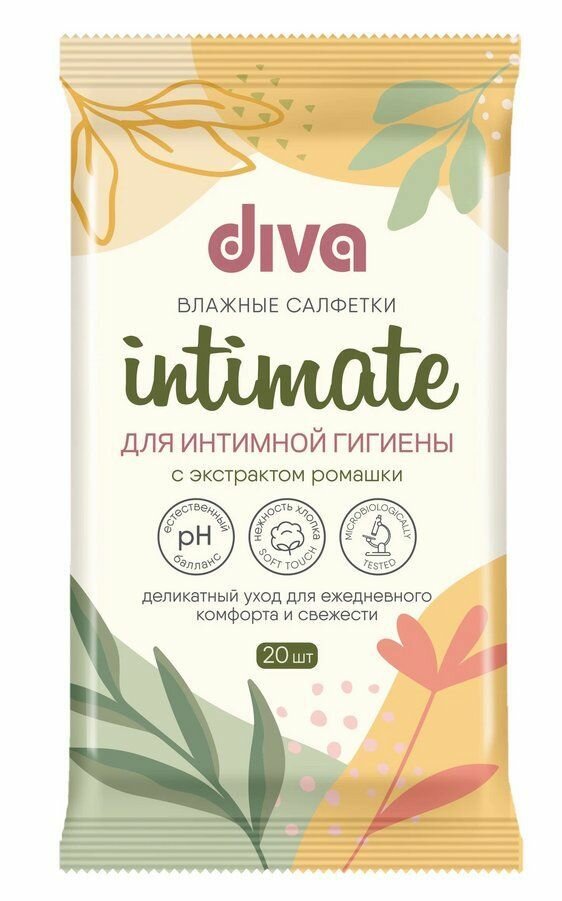 Картинки DIVA Влажные салфетки для интимной гигиены Intimate № 20 c экстрактом ромашки, 6 уп/