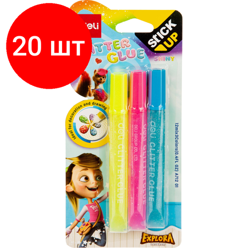 Комплект 20 наб, Глиттер гель Deli EA71201 12мл блистер с блестками 3цв/наб Explora