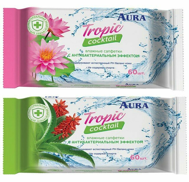 AURA Tropic Cocktail Освежающие влажные салфетки 60 шт, в ассортименте