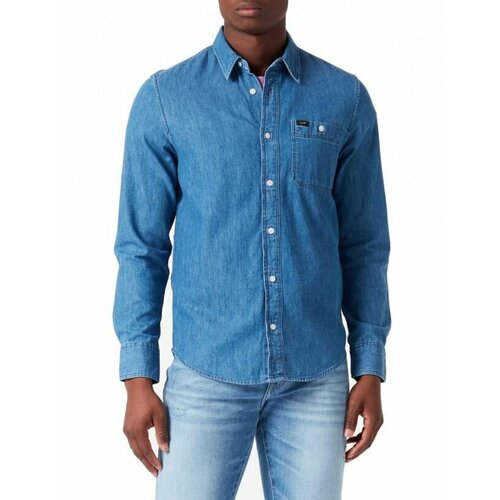 strap solid color men shirt korean casual shirt men Рубашка Lee, размер L, синий