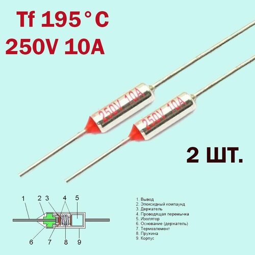 2шт. Термопредохранитель 195C 250V 10A