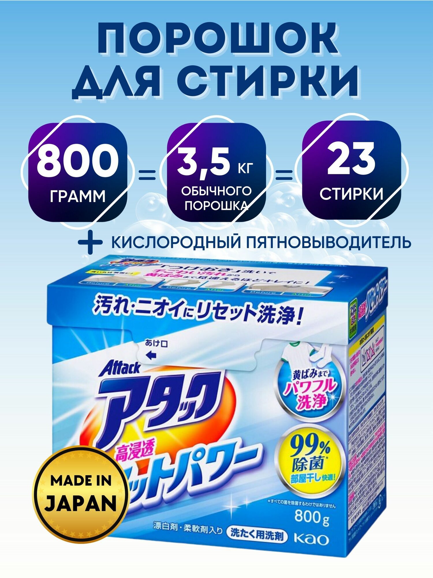 Стиральный порошок KAO Attack Reset Power высокого проникновения 800г