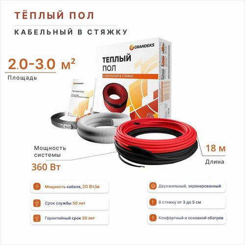 Теплый пол в стяжку площадь 20-30 м2 мощность системы 360 Вт под ковролин ламинат линолеум плитка керамогранит 3294₽