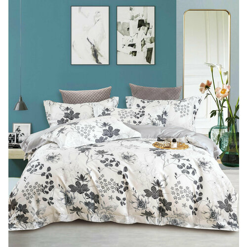 Постельное белье из тенселя TSL-006 Elin (кремовый-серый), Евро (наволочки 50х70 и 70х70)