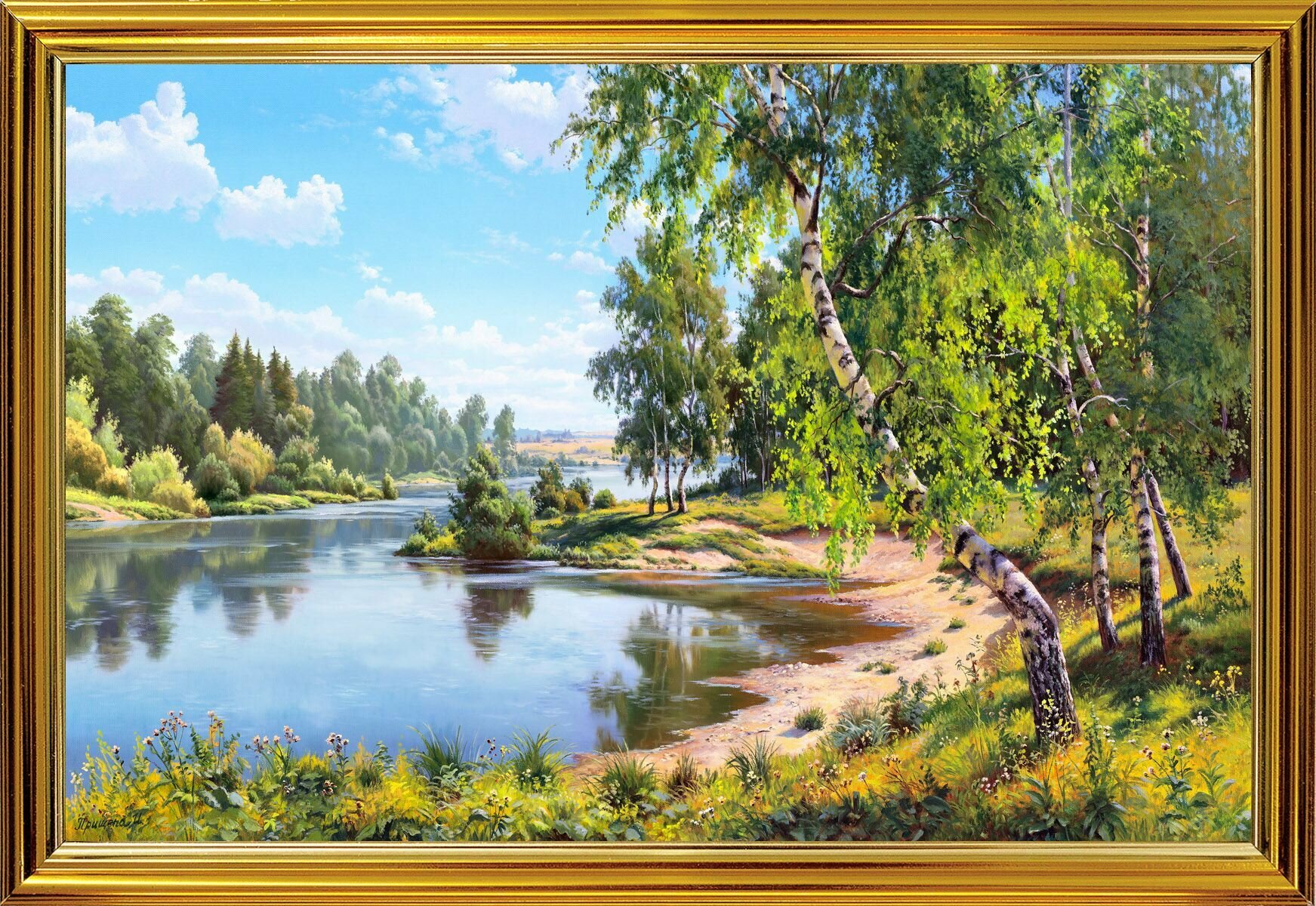 Картина "Берёзы у реки", 30х20 см, художник - Прищепа Игорь, Оформлена в багет, Арт. ПИ9-30х20