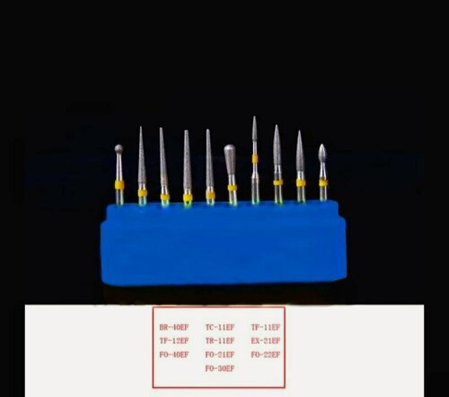 Изображение товара FG-105 Incidental Набор алмазных боров 10шт для полировки композитов и керамики. Диаметр хвостовика - 1,6 мм, центрованы, подходят для турбинного стоматологического наконечника