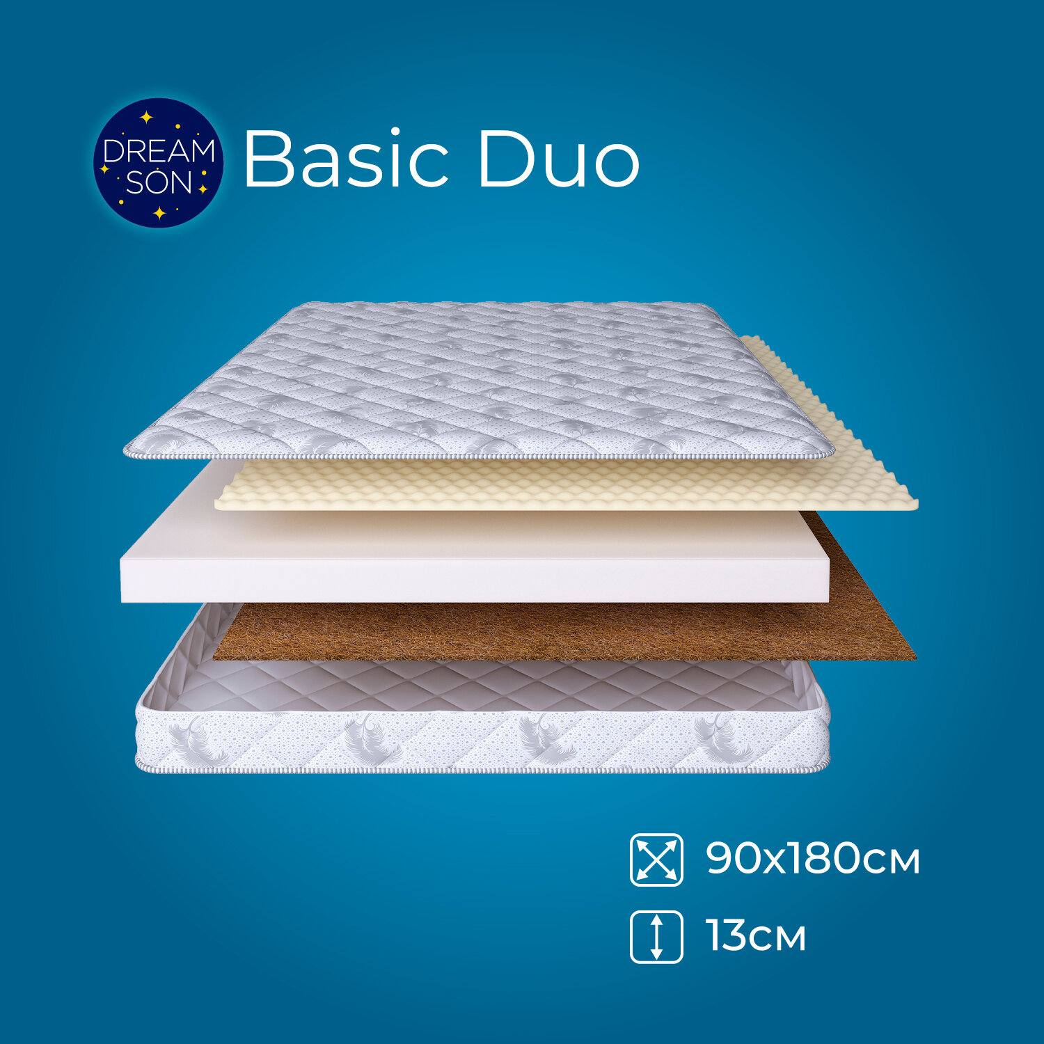 Матрас 90х180 беспружинный, умеренно жесткий, односпальный, в кровать, DreamSon Basic Duo