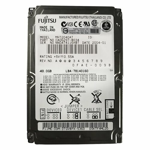 Жесткий диск Fujitsu CA06297-B034 40Gb 4200 IDE 2,5 HDD жесткий диск fujitsu mhs2040at 40gb 4200 ide 2 5 hdd