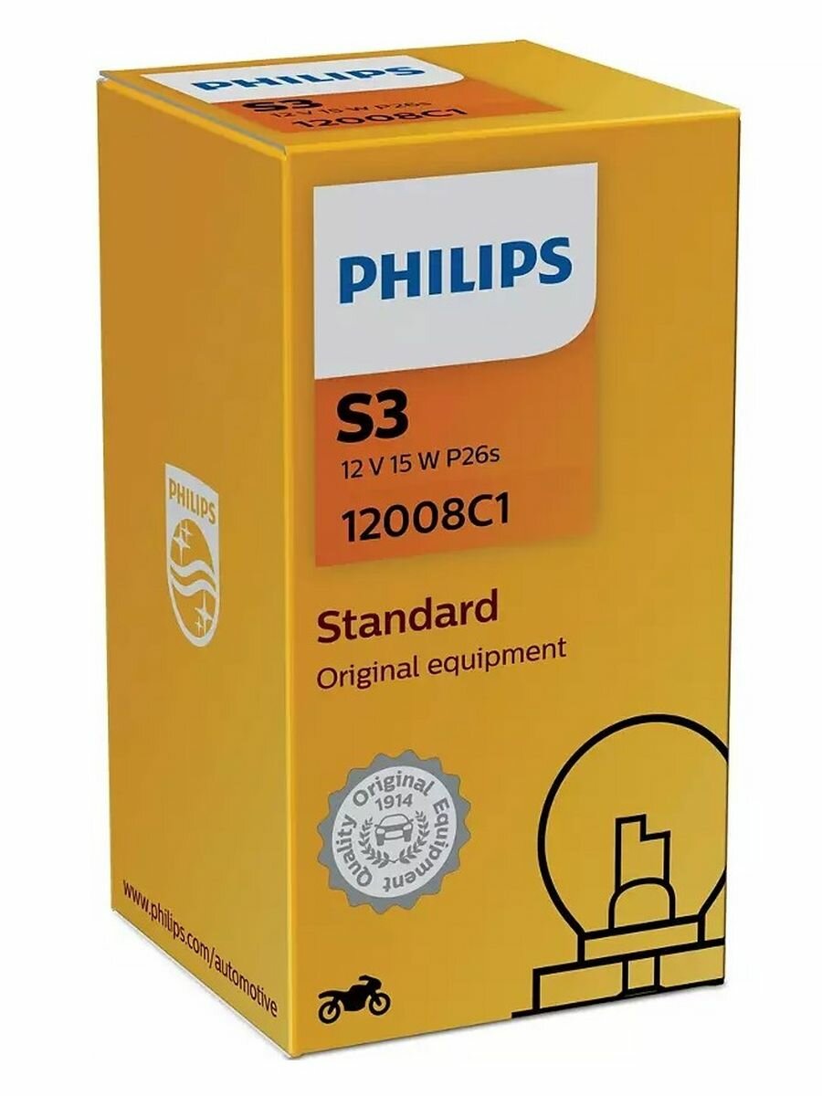 Лампа PHILIPS S3 12V-15W (P26s) Moto Standard 1 шт.