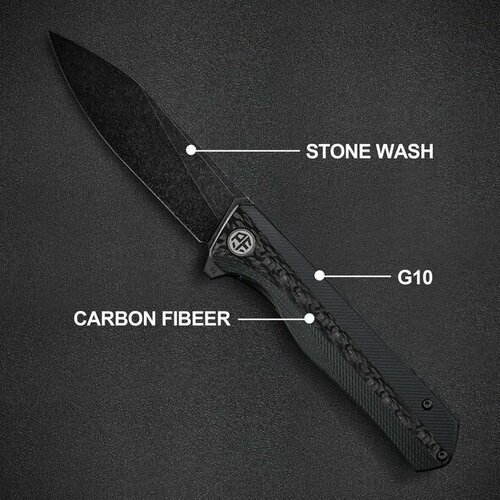 Нож складной Petrified Fish PF 818, черный карбон + стоунвош, сталь D2, флиппер на подшипнике
