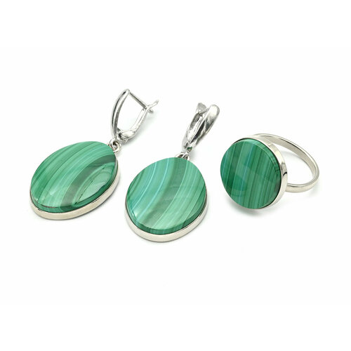 Комплект бижутерии Радуга Камня: серьги, кольцо, малахит, размер кольца 18.5, зеленый