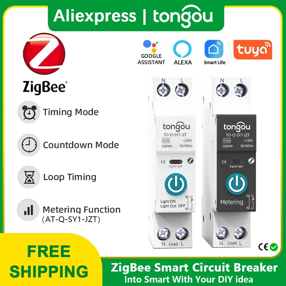 Автоматический выключатель TUYA ZigBee, умный автоматический выключатель с измерением мощности, 1P, 63a, DIN-рейка, для умного дома, с беспроводным дистанционным управлением, с помощью приложения TONG, ZigBee 63A, Black with metering