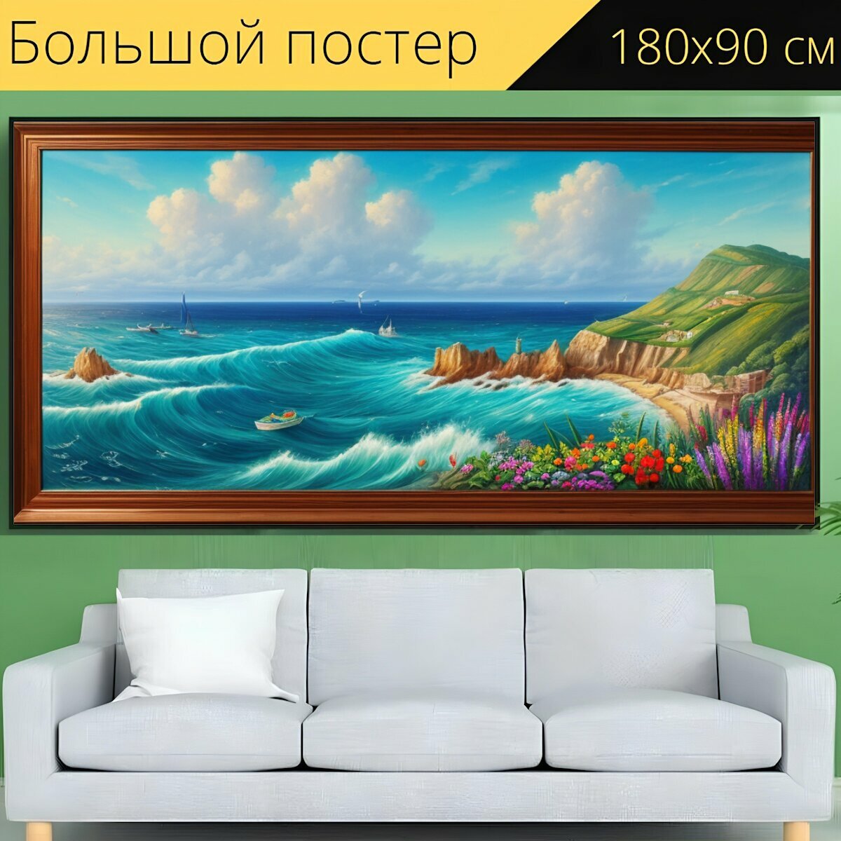 Большой постер "Пейзаж с морем, " 180 x 90 см. для интерьера на стену