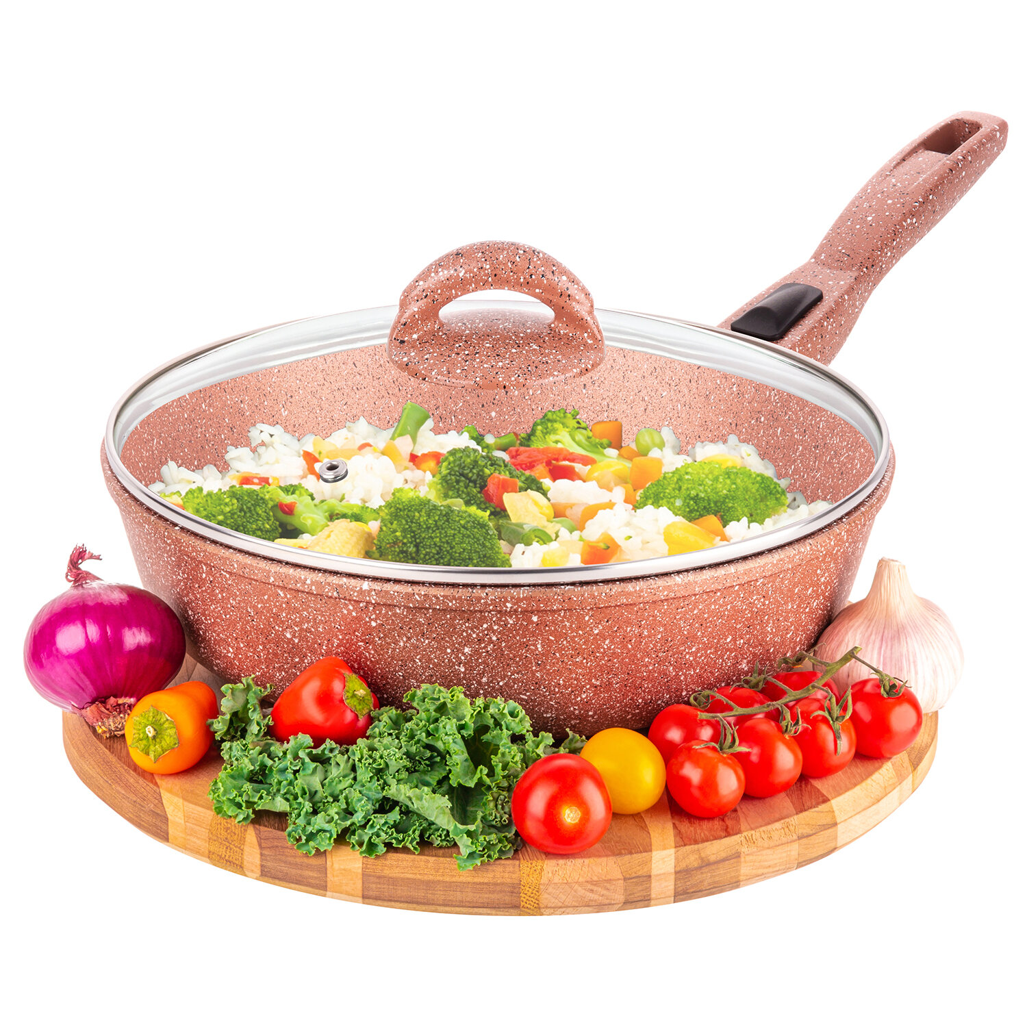 Сковорода глубокая 26 см Elan Gallery гармония вкуса Бронза с крышкой D26, со съёмной ручкой — фото 1