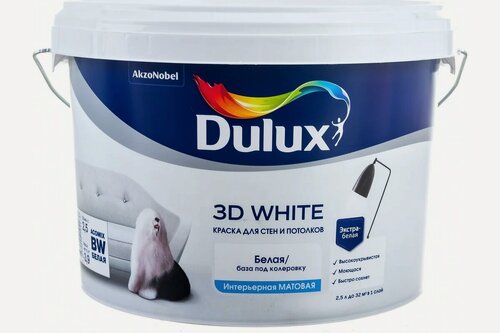 Изображение товара Краска для стен и потолков Dulux 3D WHITE ослепительно белая, матовая 2,5л