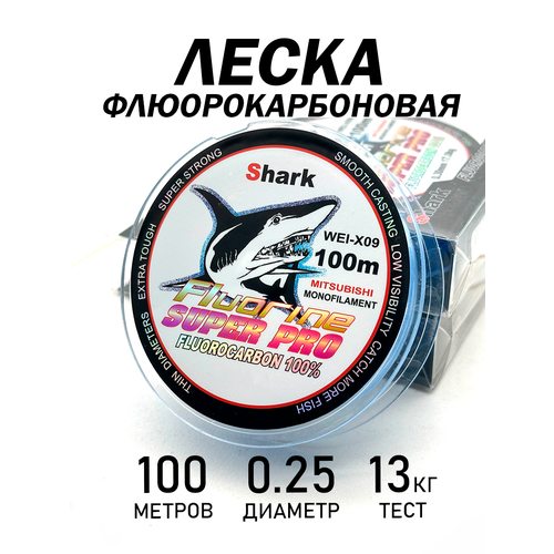 Леска флюорокарбоновая, разрывная нагрузка 13кг, диаметр 0,25мм, длина 100м